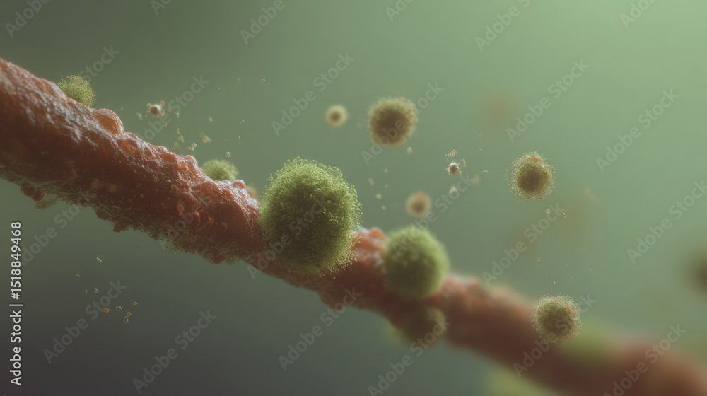 Poster microscope view of virus particles transmitting on fibrous surface showing infection risk points wit