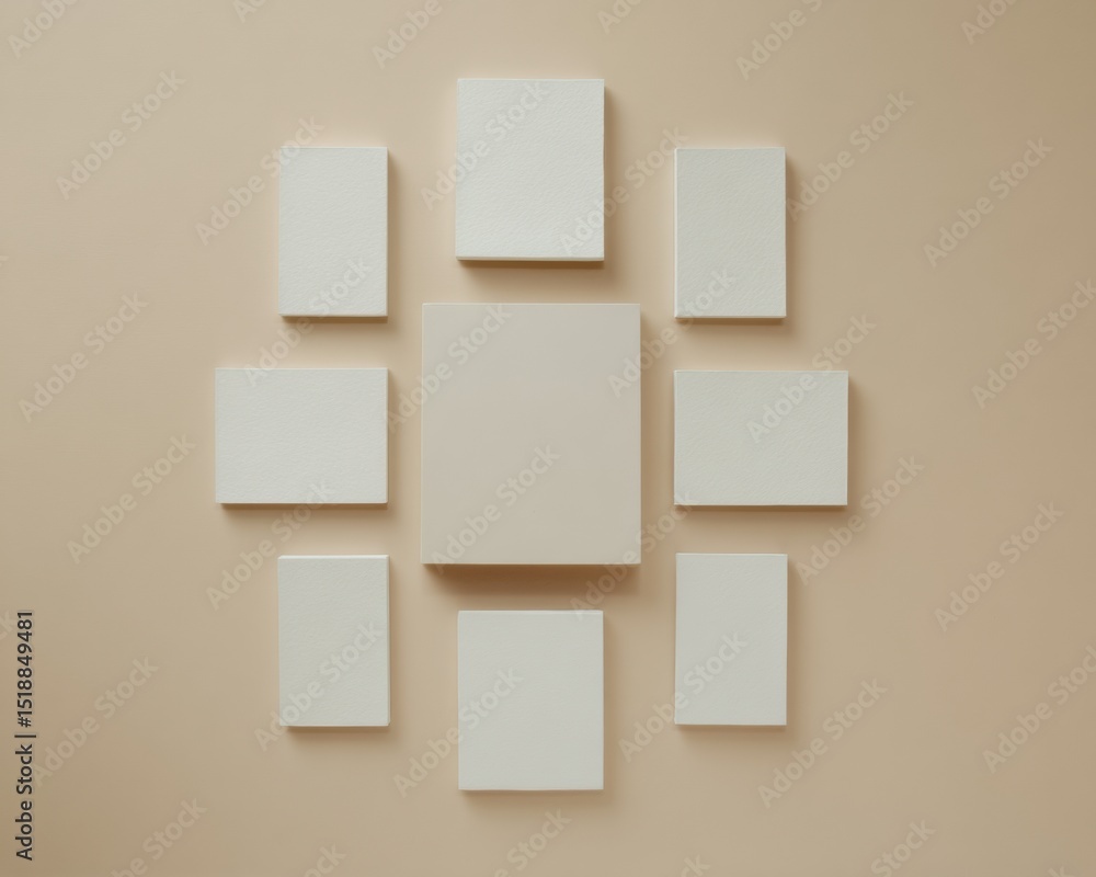 Aufkleber minimalist blank paper sheets arranged in radial pattern on beige surface, modern flat lay design fo