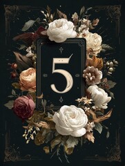 A black and white card with a flowery border and the number 5 in the center