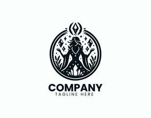 Mystical Witch Woman with Crystal Mirror Enchanting Magic Vector Logo Design