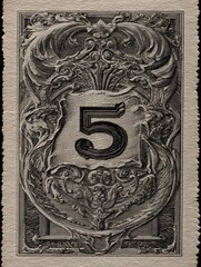 A black and white drawing of a 5 dollar bill