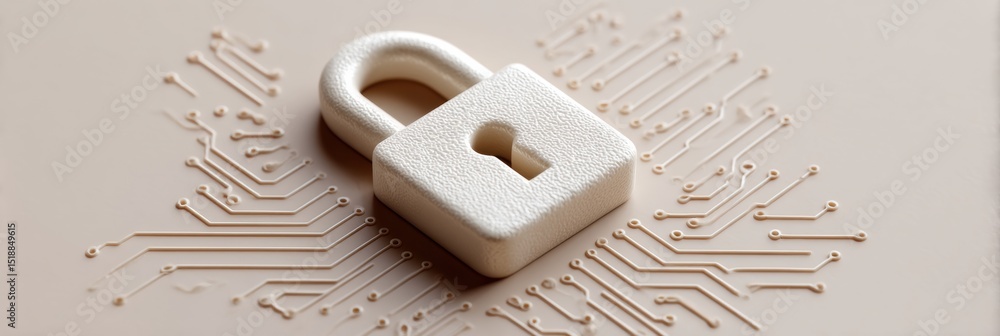 Fototapete Metallic Cybersecurity Lock on Circuit Board with Microchip Architecture Representing Encrypted Access and Critical Infrastructure Protection for Modern Tech