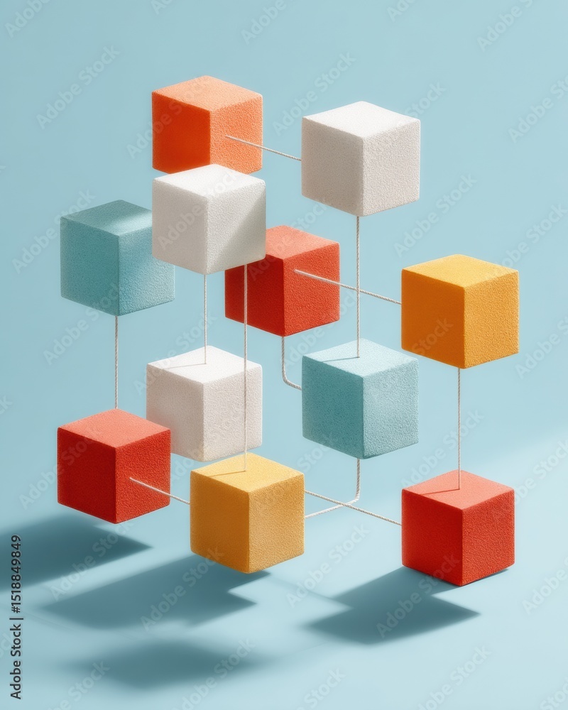 Aufkleber Tangible Asset Manufacturing Components Connected by Lines on Soft Textured Cubes with Factory Icons in Modern Supply Chain Network Concept