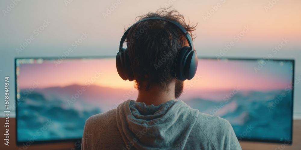 Aufkleber Tech-Savvy Game Designer Focused at Dual-Monitor Setup Creating Immersive Digital Environments with Headphones in Modern Office for Creative Innovation