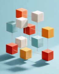 Fototapeta premium Tangible Asset Manufacturing Components Connected by Lines on Soft Textured Cubes with Factory Icons in Modern Supply Chain Network Concept