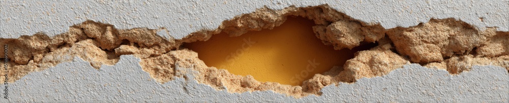 Poster close-up of structural wall crack with jagged edges and exposed plaster showing building damage for 
