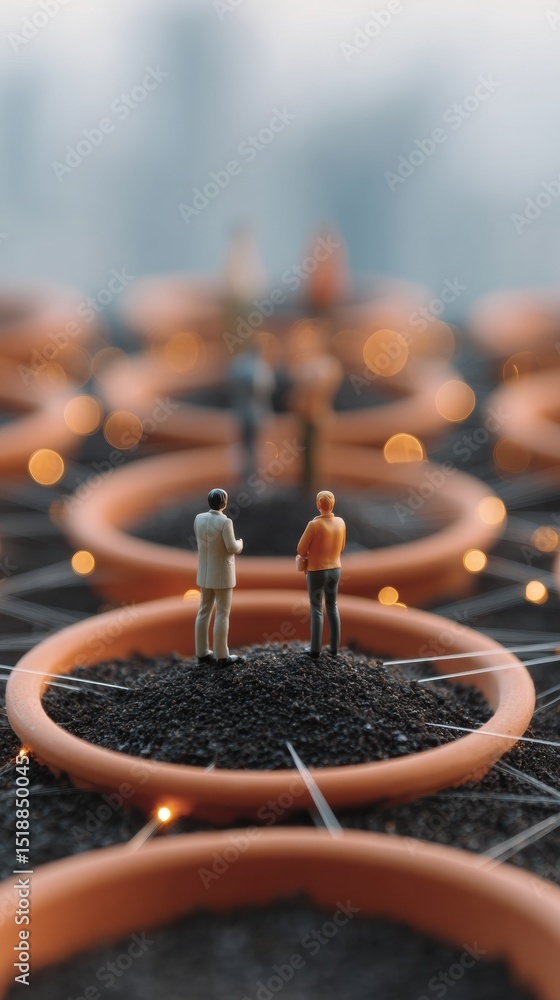 Aufkleber Strategic Business Networking on Illuminated Urban Grid with Professionals at Connection Nodes Symbolizing Corporate Alliance and Digital Innovation