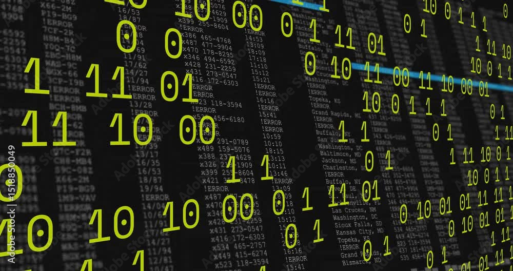 Poster Green binary digits starting log lines fading upward while blue bar scanning rows visualizing data