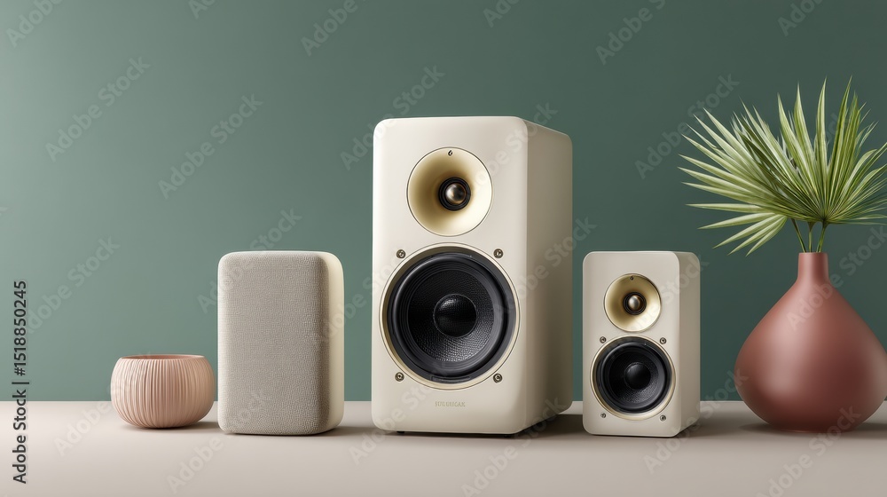 Poster modern spatial audio home theater speaker system with central subwoofer and satellite speakers on ne