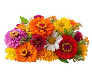 Bright and cheerful floral arrangement featuring variety of colorful flowers including zinnias, daisies, and marigolds, perfect for adding vibrant touch to any setting