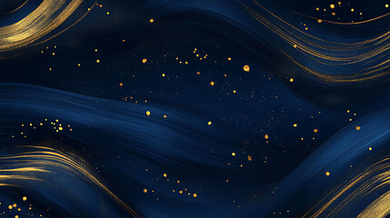 Obraz premium Dark blue backdrop with soft golden brush strokes sweeping across in an abstract pattern, dotted with golden droplets that seem to shine under light, creating a high-end, luxurious look,