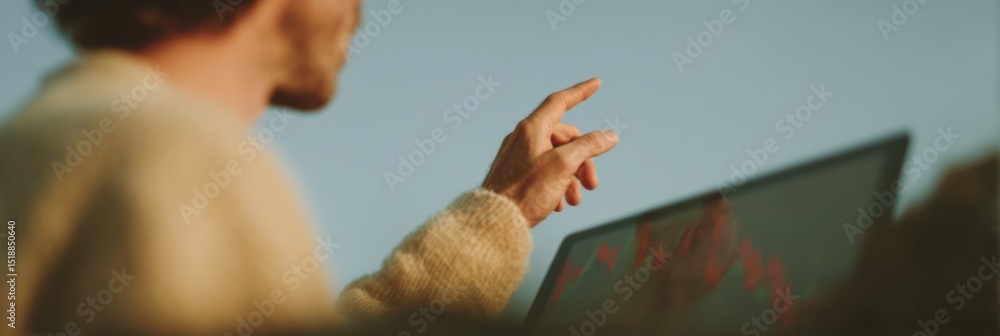 Poster modern financial analyst pointing at dynamic market trend charts on tablet screen, highlighting inve