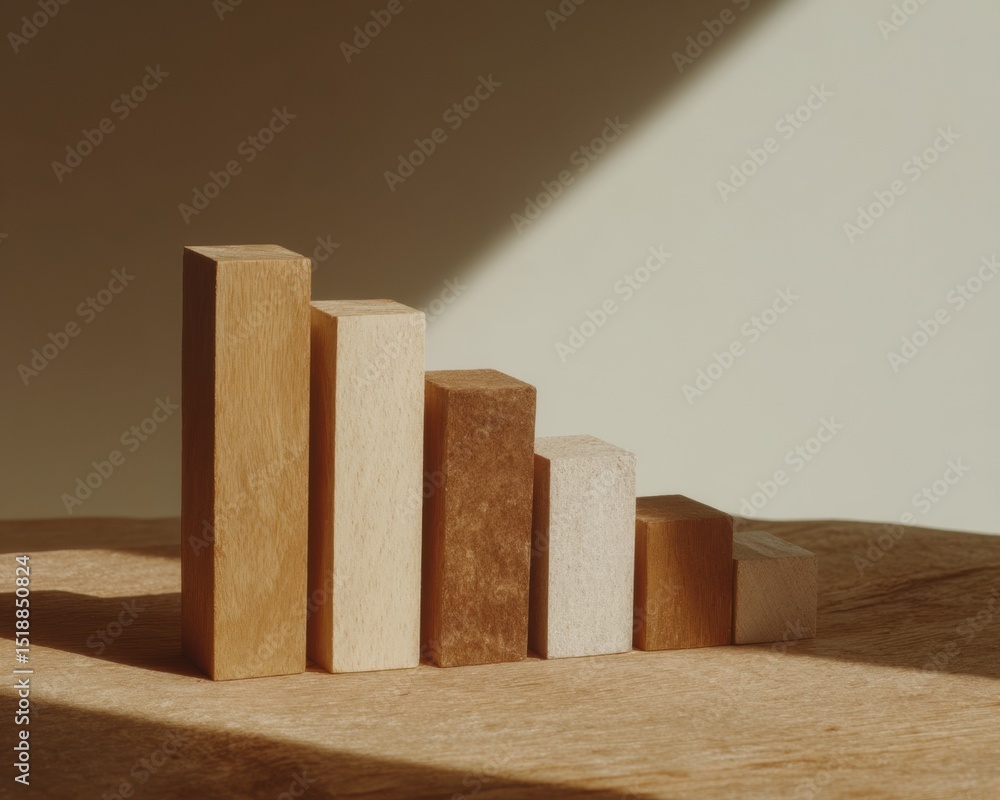 Aufkleber Minimalist Wooden Block Bar Chart with Percentage Symbols on Table Showing Growth in Financial Education and Modern Investment Visualization