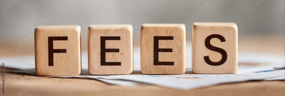 Aufkleber wooden letter blocks spelling fees on financial charts with cost transparency concept for profession