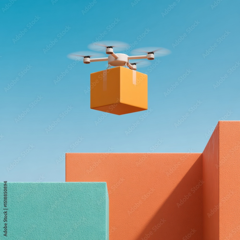 Poster innovative multi-rotor delivery drone transporting cardboard parcel over colorful urban architecture