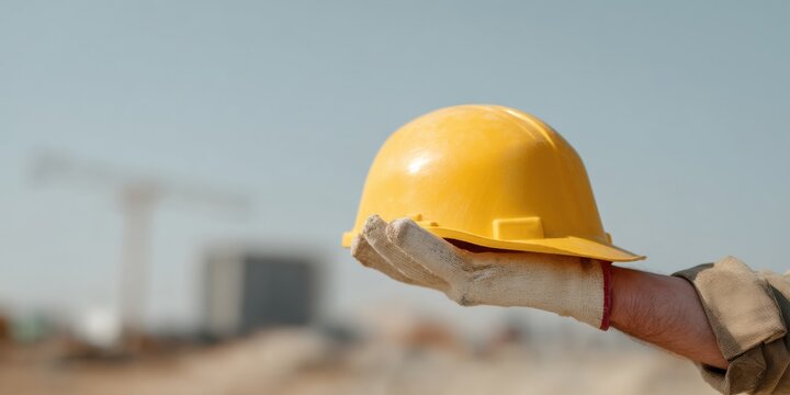 Construction Safety Focus Gloved Hand Holding Bright Yellow Hard Hat with Blurred Site Background in Natural Light - Industrial Workwear Concept