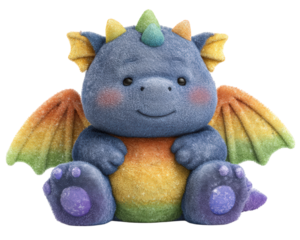 Cute colorful dragon plush toy smiling expression soft texture rainbow wings adorable design isolated on transparency background whimsical character child friendly