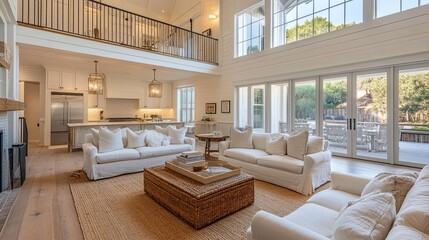 Bright living room with white sofas, woven coffee table, and open kitchen with a loft area above