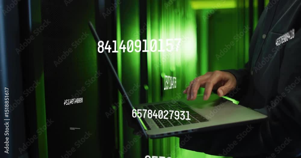 Poster it man starting typing on laptop generating floating numeric streams for analyzing data
