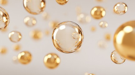 Abstract image of numerous translucent and opaque golden spheres of varying sizes floating against a light beige background, creating a sense of depth and movement