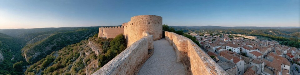 Fototapeta premium Majestic Medieval Circular Watchtower and Fortification Walls in Jesi with Cobblestone Pathway - Cultural Heritage and Community Resilience in Historic Urban Landscape