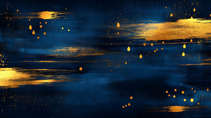 Deep midnight blue background with bold, textured golden brush strokes and shimmering golden drops scattered across, adding a luxurious, dramatic effect for an elegant atmosphere,