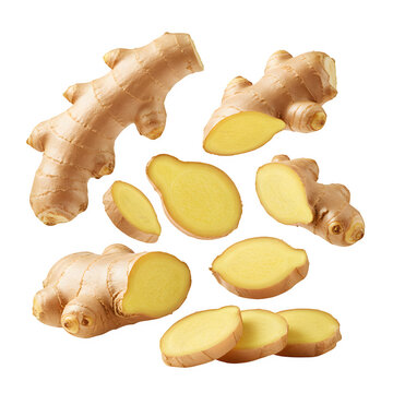 Flying ginger root with sliced halves, isolated on white or transparent background. Perfect for food, health, herbal, and organic-themed designs. High-resolution PNG.