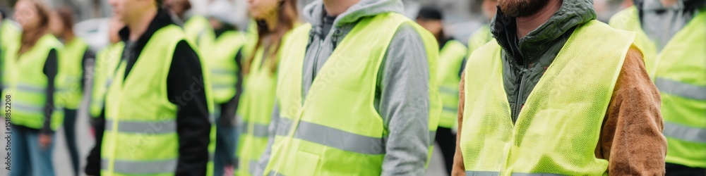 Poster emergency managers in high-visibility vests demonstrating community preparedness outdoors for disast