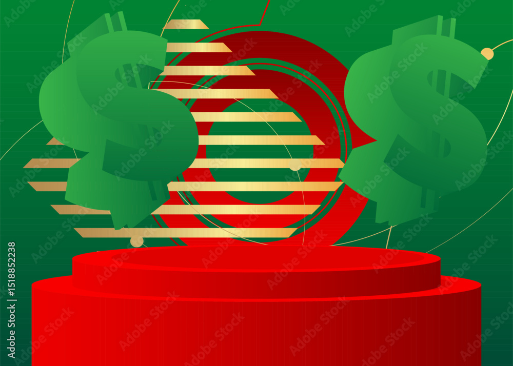 Poster mockup product display with dollar sign. vector cylinder pedestal podium. stage showcase for present