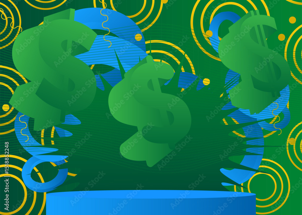 Poster mockup product display with dollar sign. vector cylinder pedestal podium. stage showcase for present