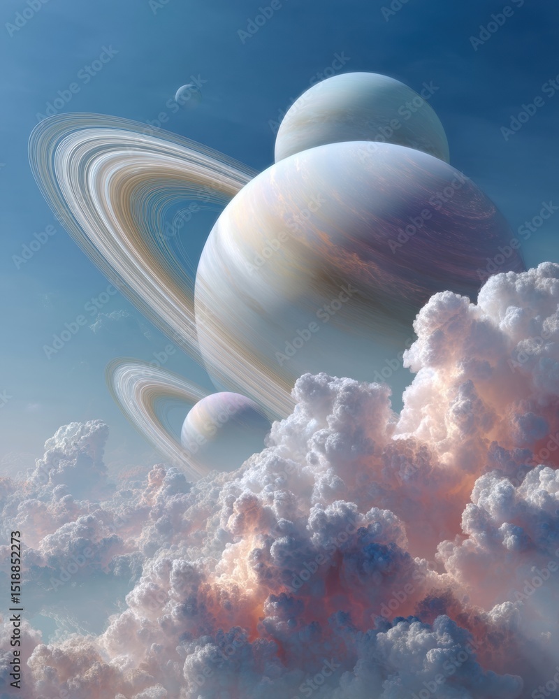 Poster Celestial Landscape with Multiple Ringed Planets and Nebula Clouds - Sci-Fi Gaming Art Evoking Cosmic Wonder and Interplanetary Exploration