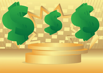 Mockup product display with Dollar Sign. Vector cylinder pedestal podium. Stage showcase for presentation. Minimal geometric forms.