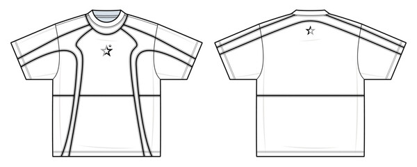Y2K Performance T-Shirt Technical Fashion Illustration. Short Sleeve Crewneck Tee with Star Graphic and Contrast Stitching. Front and Back View. Futuristic Activewear Look. Oversized Fit. CAD Mockup.