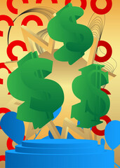 Mockup product display with Dollar Sign. Vector cylinder pedestal podium. Stage showcase for presentation. Minimal geometric forms.