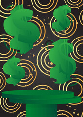 Mockup product display with Dollar Sign. Vector cylinder pedestal podium. Stage showcase for presentation. Minimal geometric forms.