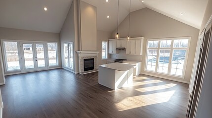 Interior view of a modern open concept living space with kitchen and fireplace and large windows