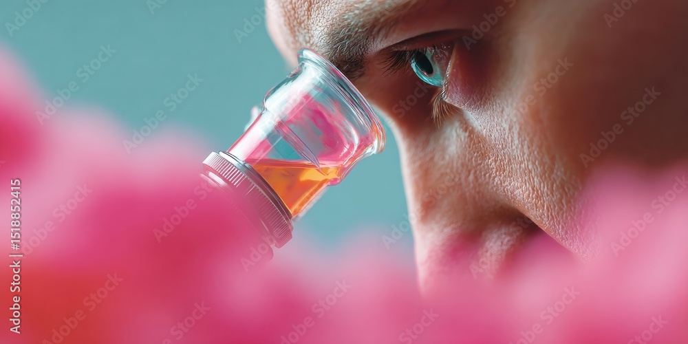 Poster Biomarker scientist analyzing genetic data through microscope in high-tech medical lab, showcasing cutting-edge DNA research for healthcare innovation
