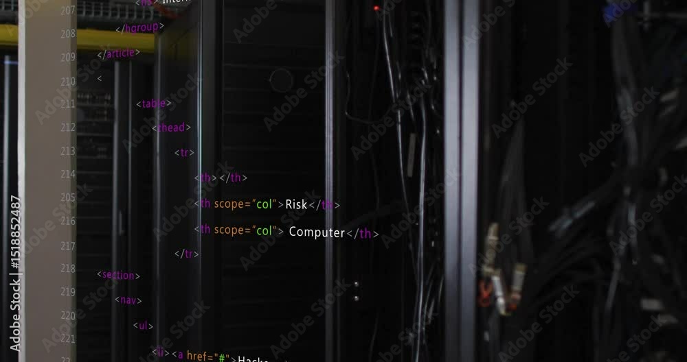 Poster camera panning over server rack while overlay updating security menu and network cables resting