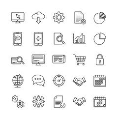 Fototapeta premium Modern minimalist line art icon set for business technology and communication featuring digital devices data analysis and collaboration