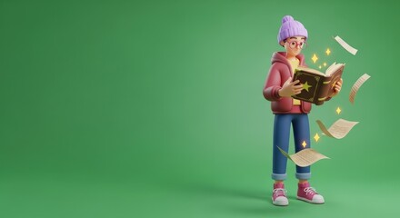 Girl in winter pajamas reading magical book