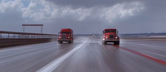Road transportation showcasing two vintage red trucks speeding on the asphalt