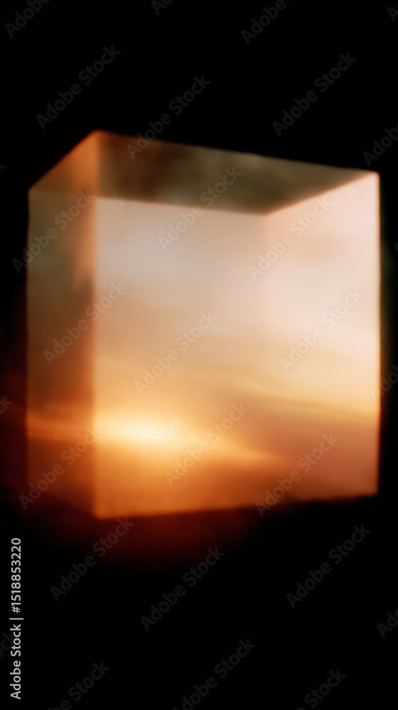 Poster transparent cube with glowing cat silhouette on reflective surface illustrating schrodingers superpo