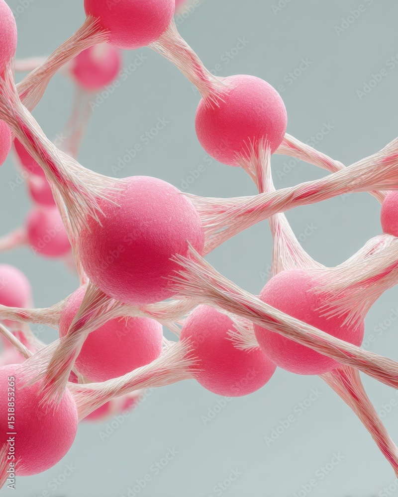 Poster Abstract interconnected neural network with glowing pink nodes and fiber links, visualizing quantum information flow for AI technology and data science marketing