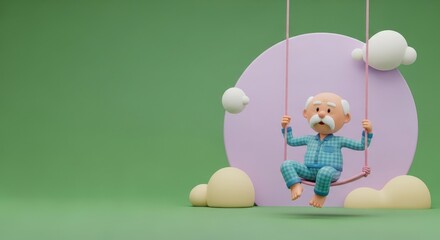 Child on swing in dreamy cloud circle background
