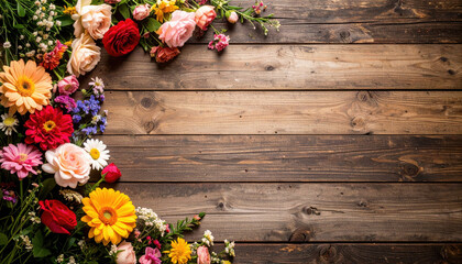 Fototapeta premium Colorful bouquet of fresh flowers arranged in the corner on rustic wooden background with empty space, perfect for seasonal greeting card, wedding invitation or spring banner design