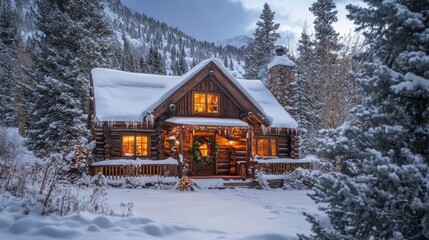 Cozy Winter Log Cabin in the Snowy Mountains