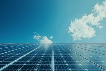 Solar panel under blue sky. Alternative energy ecological concept. Clean energy power in nature. Sustainable resources  