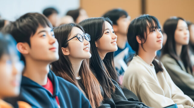 Profile of students looking at the stage with a smile.