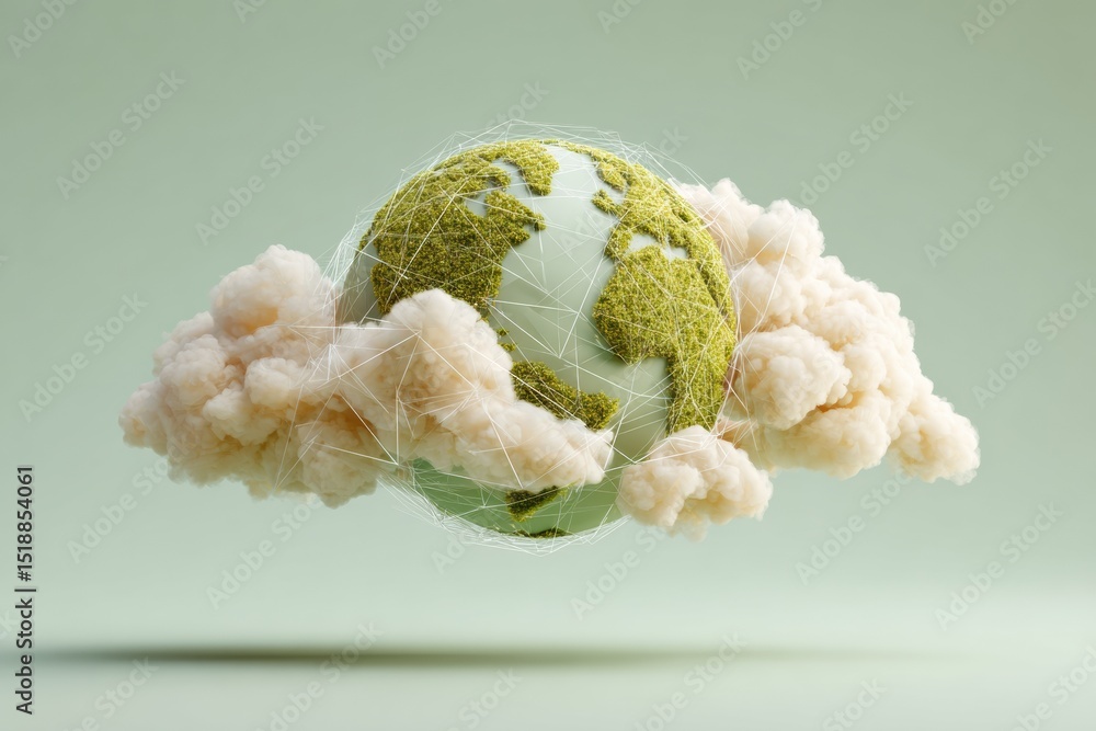Poster Digital Earth Globe with Moss Textured Continents Floating on Clouds, Network Connections Visualizing Global Data Flow for Tech and Sustainability Branding
