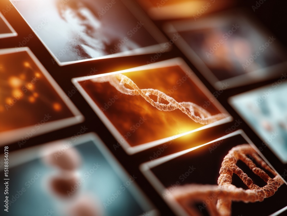 Fototapete Futuristic Genomics Data Visualization on Digital Screens Highlighting DNA Structures for Advanced Biotechnology and AI-Driven Genetic Research Insights